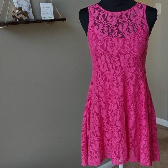 Free People Bright Pink Double Mini Dress with Detachable Lace Outer Dress No Sz - Picture 1 of 11